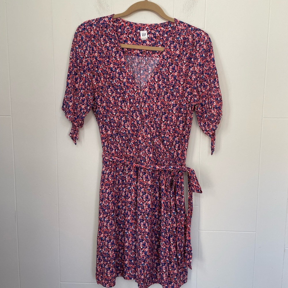 Gap Tie Sleeve Wrap Dress Pink Floral Belted Lightweight Viscose Women’s Size M